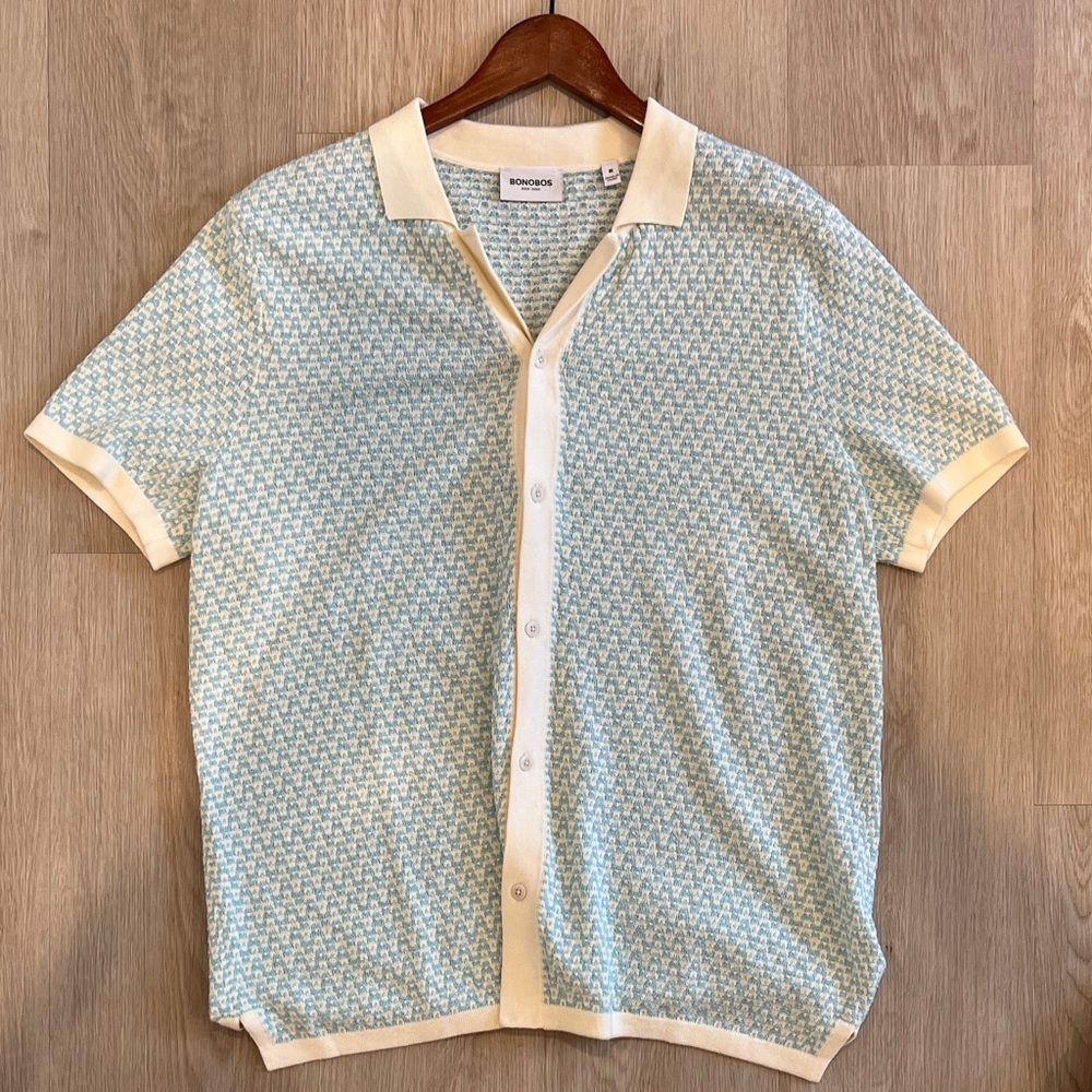Bonobos Cream and Teal Geometric Button Down Knit Shirt - Men’s M